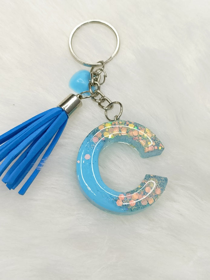Haute Crafts Shiny Sky Blue ("C")- with small Heart & Tassel, Resin Alphabet Initial Letter Keychain Key Ring for Women Girls Purse Handbags, Bike, Car Keyring ("C")