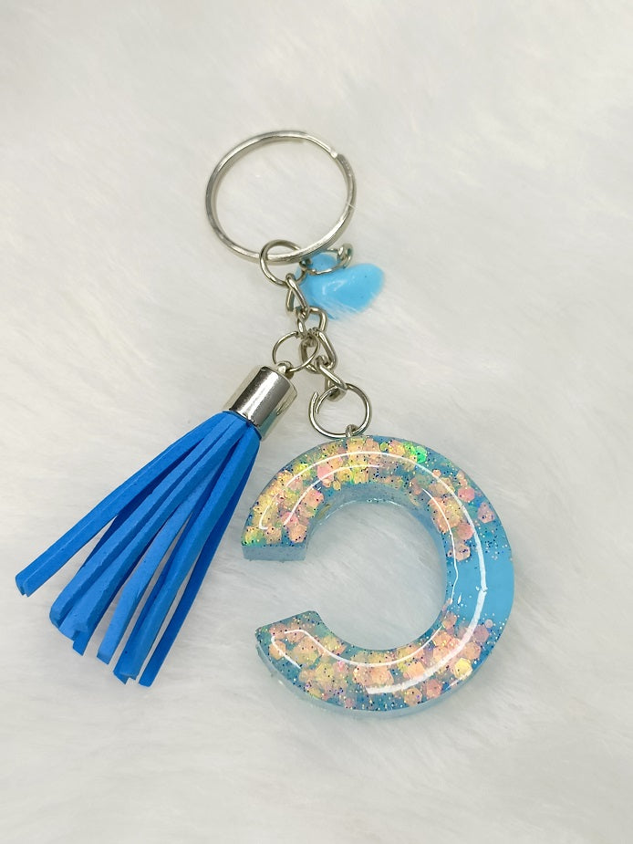 Haute Crafts Shiny Sky Blue ("C")- with small Heart & Tassel, Resin Alphabet Initial Letter Keychain Key Ring for Women Girls Purse Handbags, Bike, Car Keyring ("C")