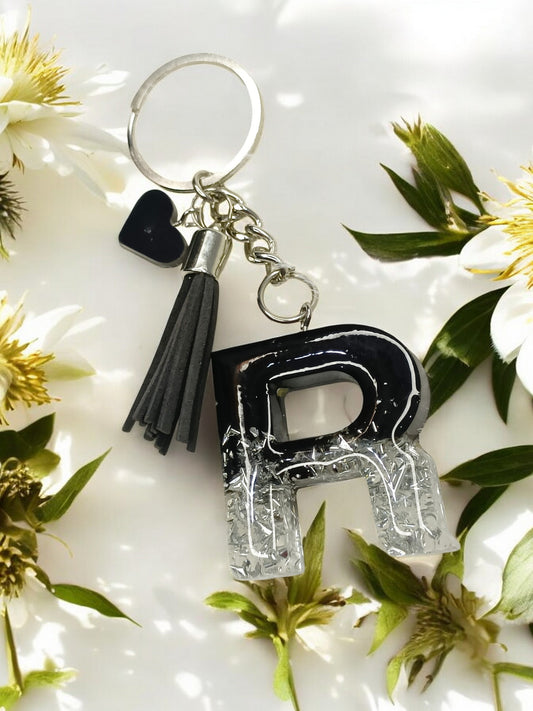 Haute Crafts Shiny Black & Silver ("R")- with small Heart & Tassel, Resin Alphabet Initial Letter Keychain Key Ring for Women Girls Purse Handbags, Bike, Car Keyring ("R")