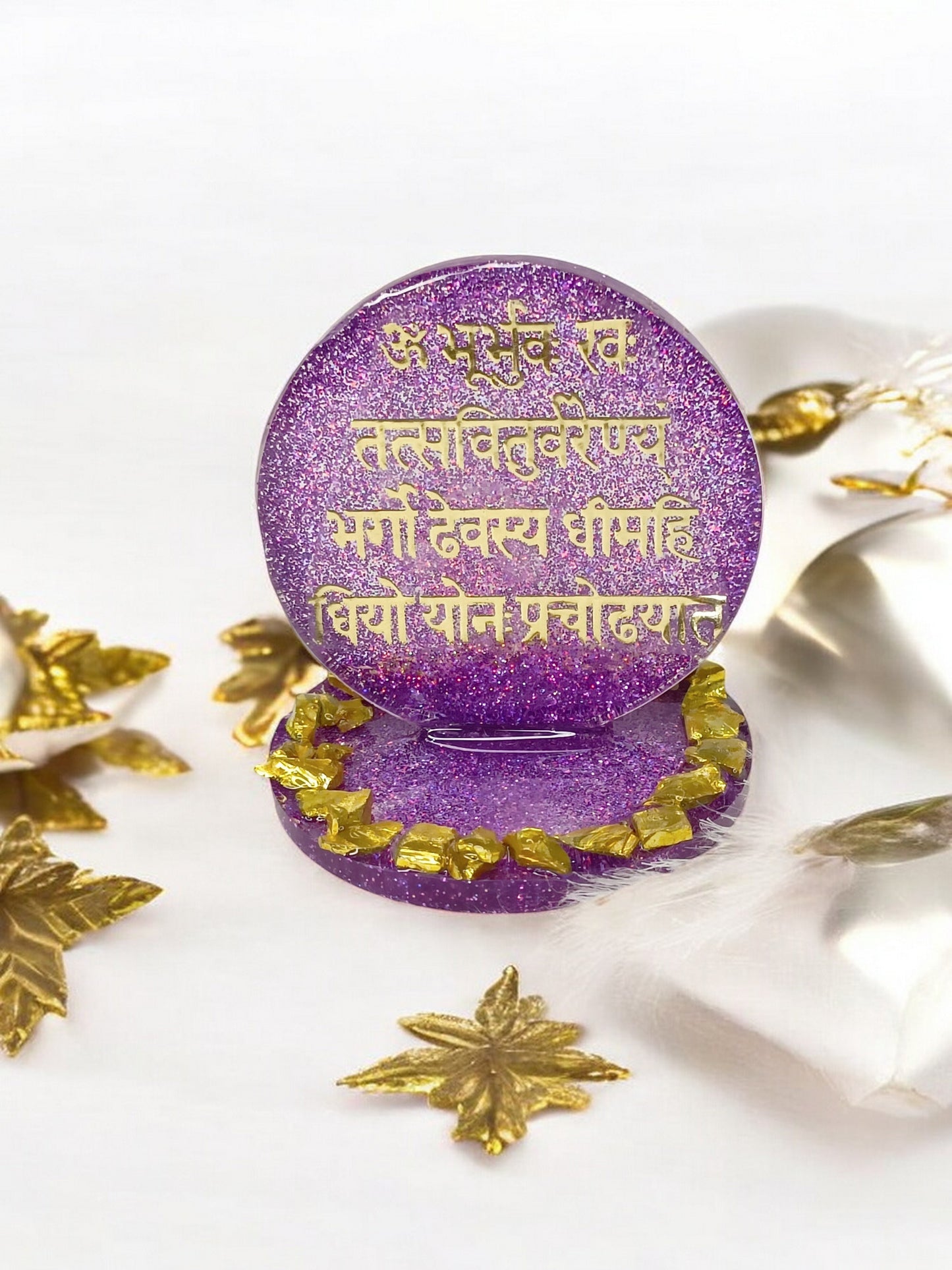 Haute Crafts 2 Inch Resin art Handcrafted Premium "Gayatri Mantra " with Gold Crystal Texture for Car Dashboard, Home Decor, Puja Ghar and Gifting.