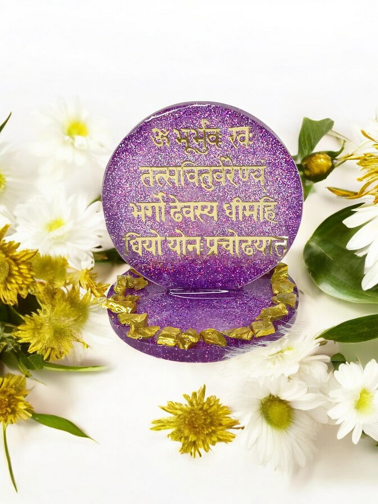 Haute Crafts 2 Inch Resin art Handcrafted Premium "Gayatri Mantra " with Gold Crystal Texture for Car Dashboard, Home Decor, Puja Ghar and Gifting.
