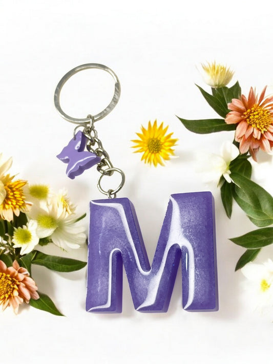 Haute Crafts Glass Shiny Purple ("M")- with small Butterfly, Resin Alphabet Initial Letter Keychain Key Ring for Women Girls Purse Handbags, Bike, Car Keyring ("M")