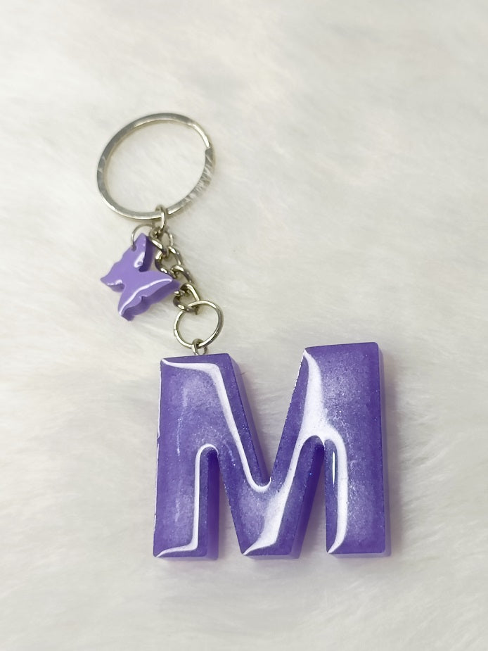 Haute Crafts Glass Shiny Purple ("M")- with small Butterfly, Resin Alphabet Initial Letter Keychain Key Ring for Women Girls Purse Handbags, Bike, Car Keyring ("M")