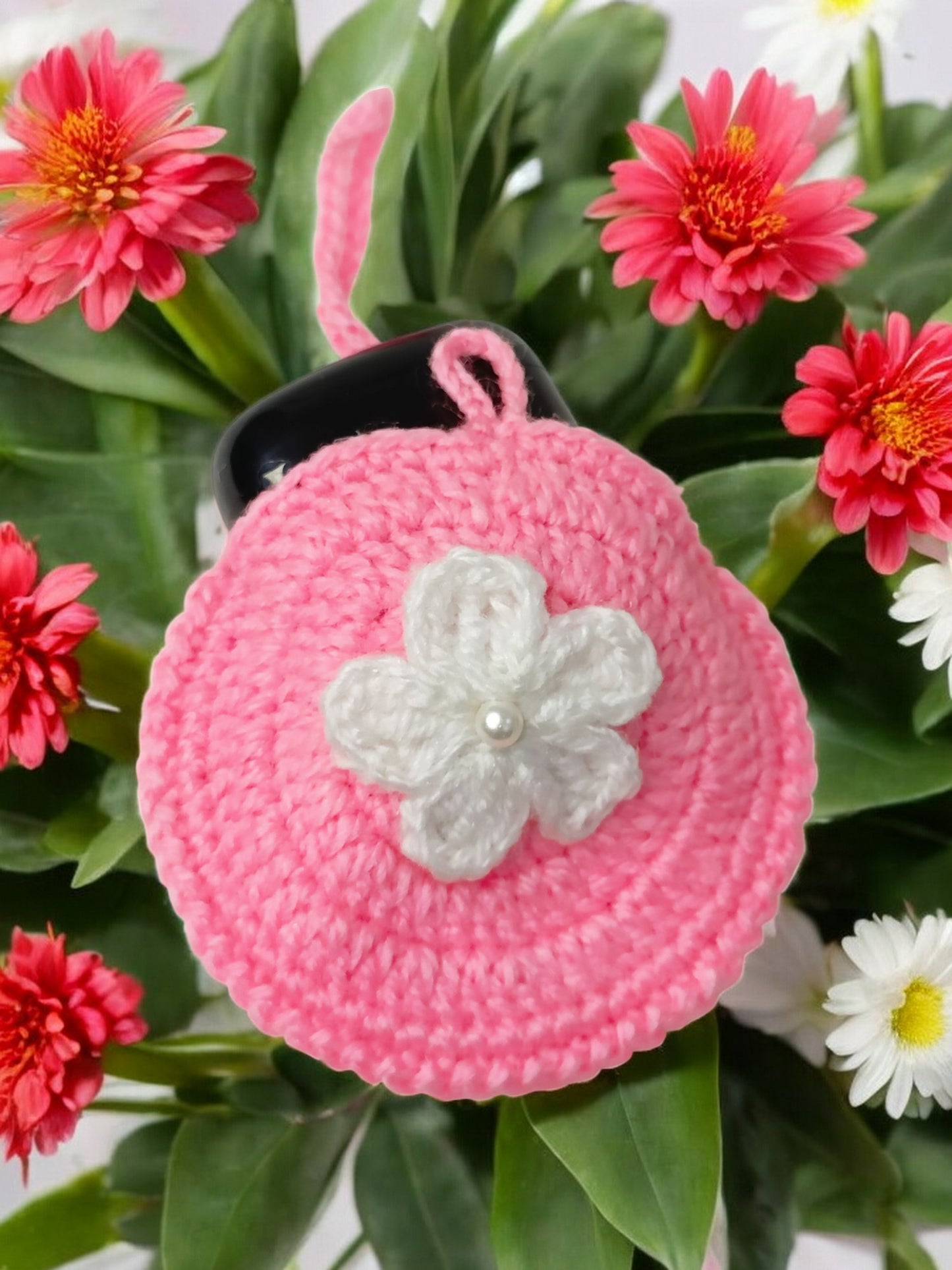 Haute Crafts Handmade Crochet Pouch with Flower Design, Crocheted Earphone Pouch, Small Things & Multi Purpose Pouch, (Pink)