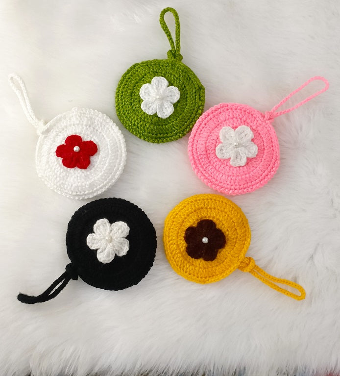 Haute Crafts Handmade Crochet Pouch with Flower Design, Crocheted Earphone Pouch, Small Things & Multi Purpose Pouch, (White)