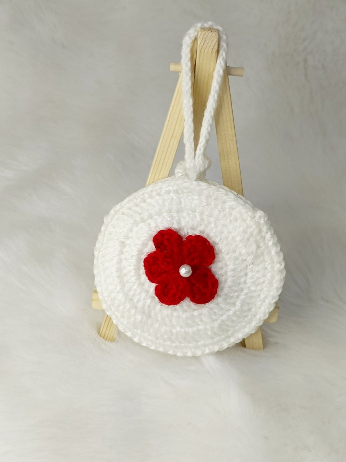 Haute Crafts Handmade Crochet Pouch with Flower Design, Crocheted Earphone Pouch, Small Things & Multi Purpose Pouch, (White)