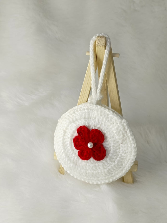 Haute Crafts Handmade Crochet Pouch with Flower Design, Crocheted Earphone Pouch, Small Things & Multi Purpose Pouch, (White)