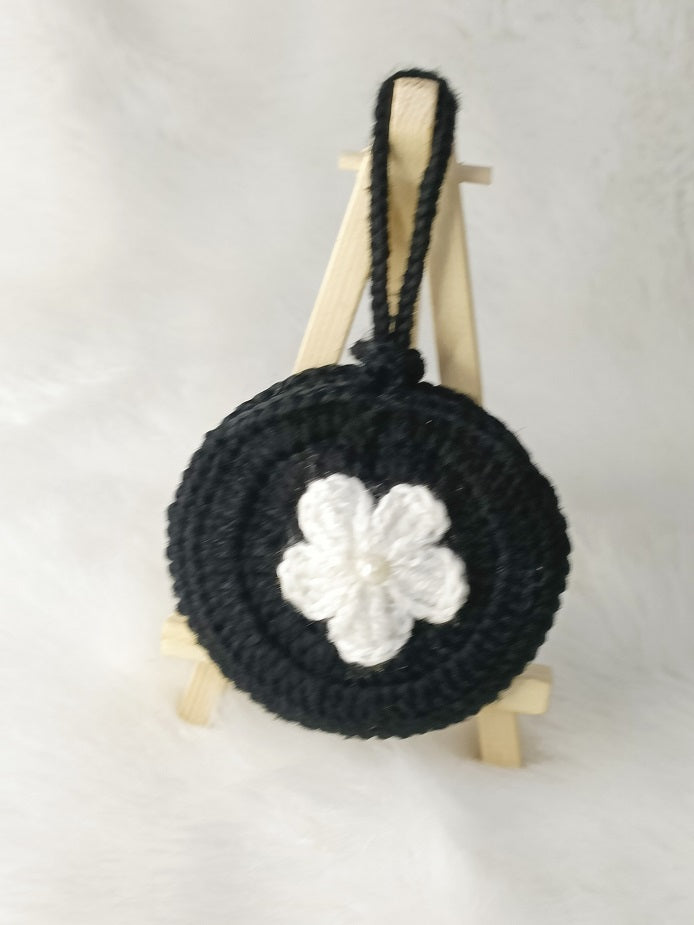 Haute Crafts Handmade Crochet Pouch with Flower Design, Crocheted Earphone Pouch, Small Things & Multi Purpose Pouch, (Black)