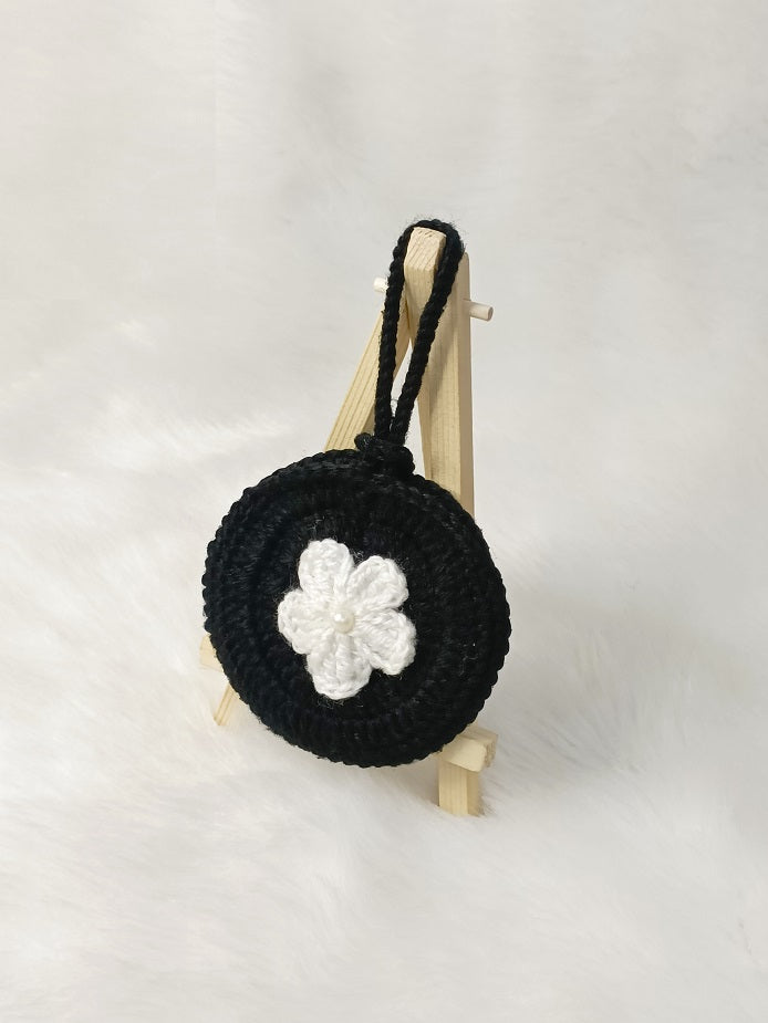 Haute Crafts Handmade Crochet Pouch with Flower Design, Crocheted Earphone Pouch, Small Things & Multi Purpose Pouch, (Black)
