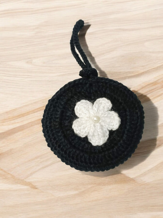 Haute Crafts Handmade Crochet Pouch with Flower Design, Crocheted Earphone Pouch,  Small Things & Multi Purpose Pouch, (Black)