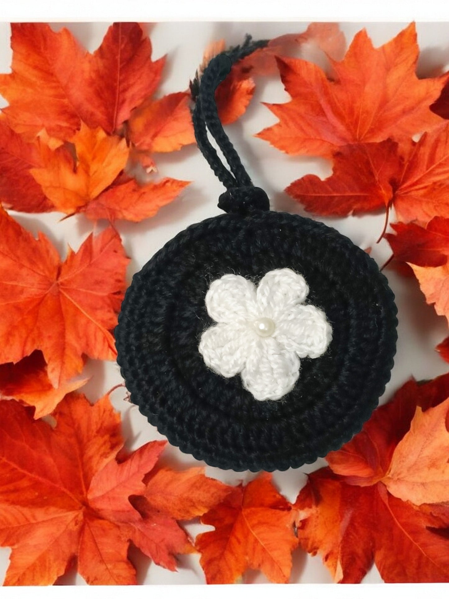 Haute Crafts Handmade Crochet Pouch with Flower Design, Crocheted Earphone Pouch, Small Things & Multi Purpose Pouch, (Black)