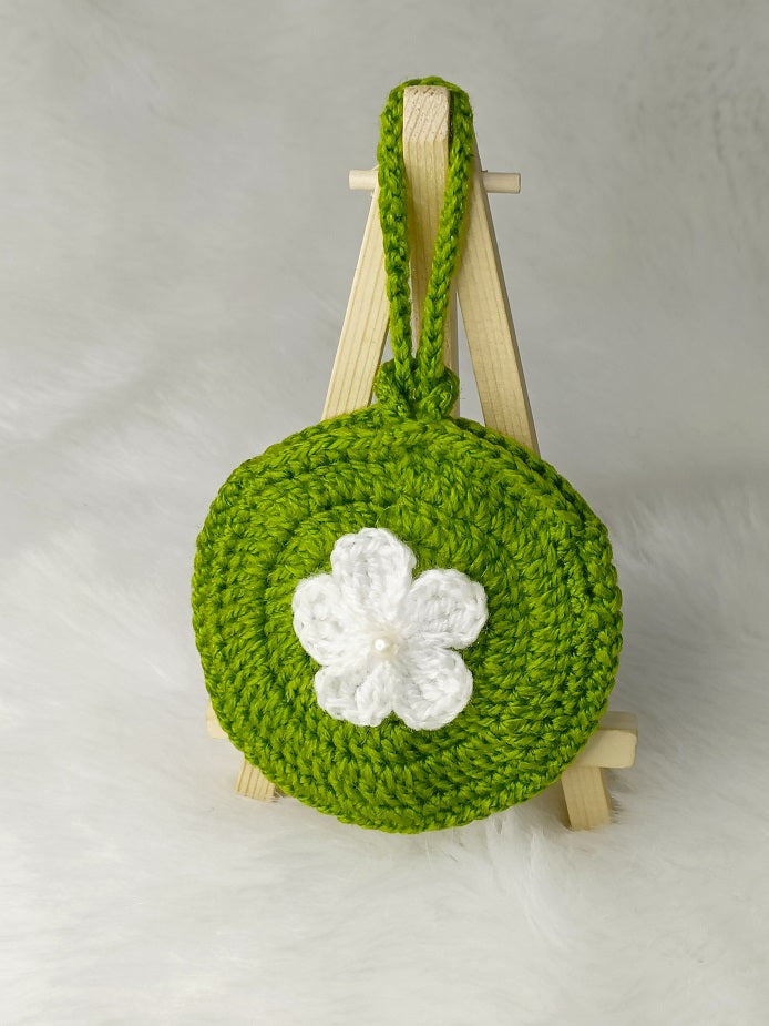 Haute Crafts Handmade Crochet Pouch with Flower Design, Crocheted Earphone Pouch, Small Things & Multi Purpose Pouch, (green)