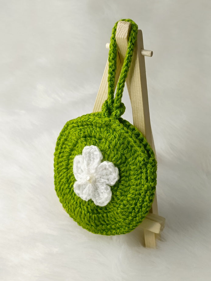 Haute Crafts Handmade Crochet Pouch with Flower Design, Crocheted Earphone Pouch, Small Things & Multi Purpose Pouch, (green)