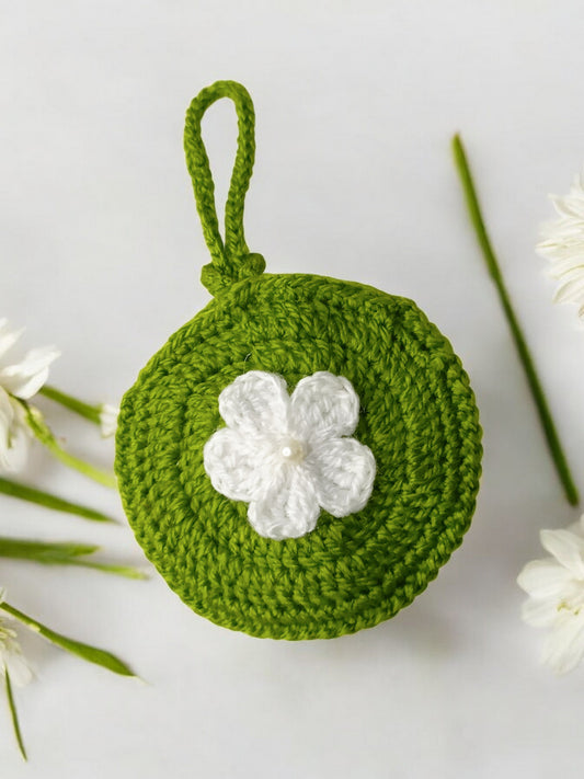 Haute Crafts Handmade Crochet Pouch with Flower Design, Crocheted Earphone Pouch,  Small Things & Multi Purpose Pouch, (green)