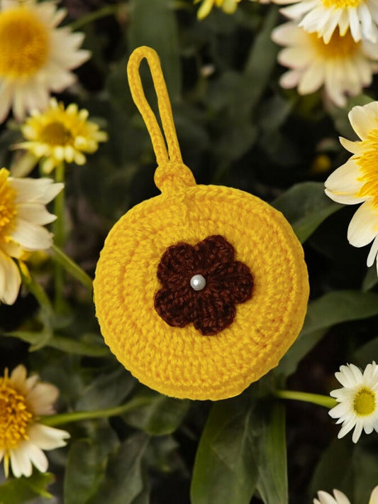 Haute Crafts Handmade Crochet Pouch with Flower Design, Crocheted Earphone Pouch, Small Things & Multi Purpose Pouch, (Yellow)
