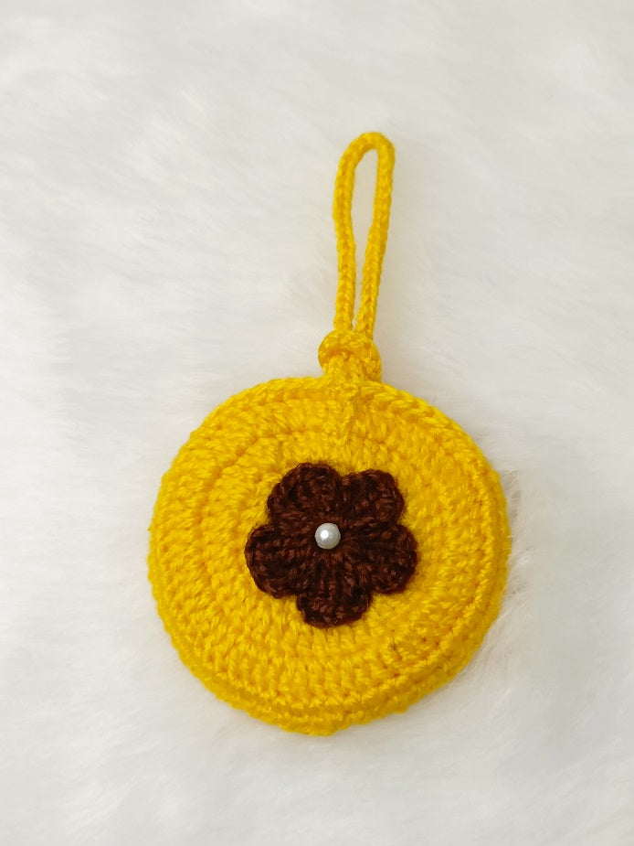 Haute Crafts Handmade Crochet Pouch with Flower Design, Crocheted Earphone Pouch, Small Things & Multi Purpose Pouch, (Yellow)