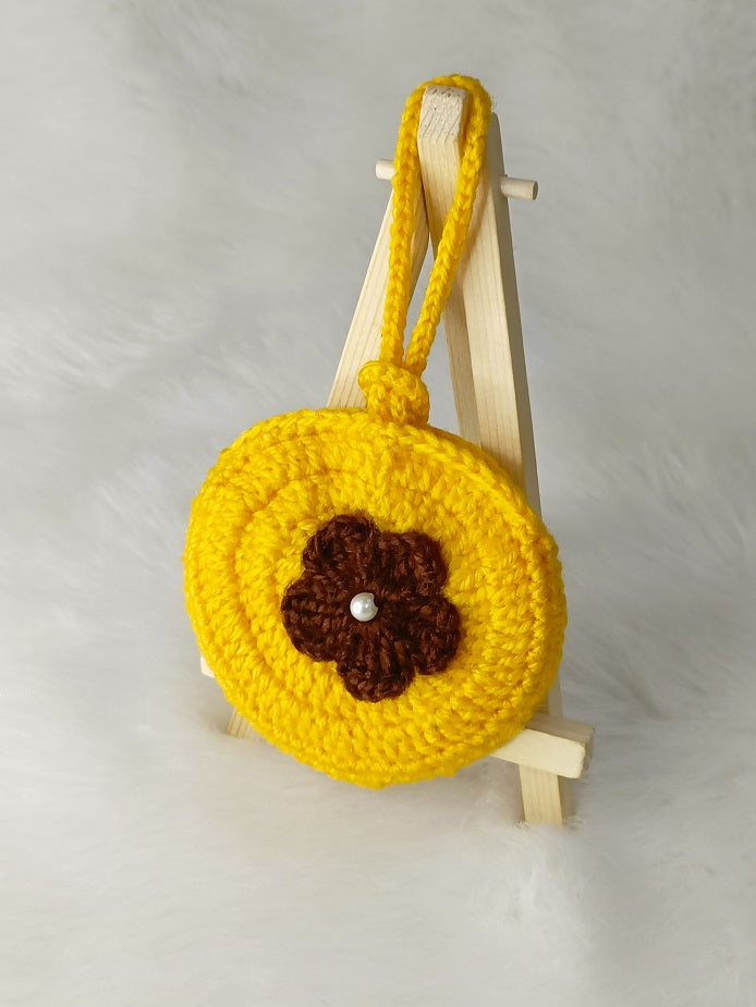 Haute Crafts Handmade Crochet Pouch with Flower Design, Crocheted Earphone Pouch, Small Things & Multi Purpose Pouch, (Yellow)