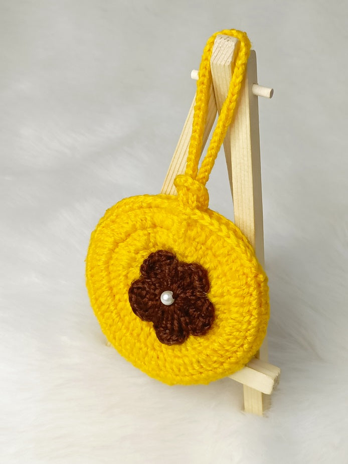 Haute Crafts Handmade Crochet Pouch with Flower Design, Crocheted Earphone Pouch, Small Things & Multi Purpose Pouch, (Yellow)