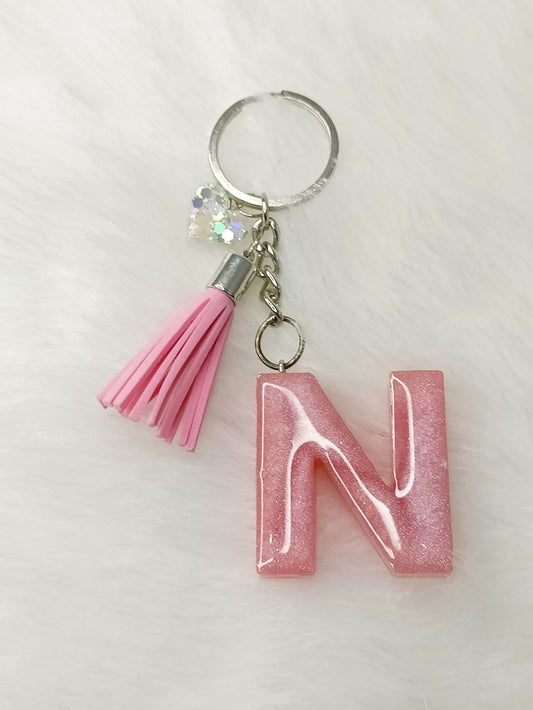Haute Crafts Glass Shiny Pink ("N")- with small Heart & Tassel, Resin Alphabet Initial Letter Keychain Key Ring for Women Girls Purse Handbags, Bike, Car Keyring ("N"