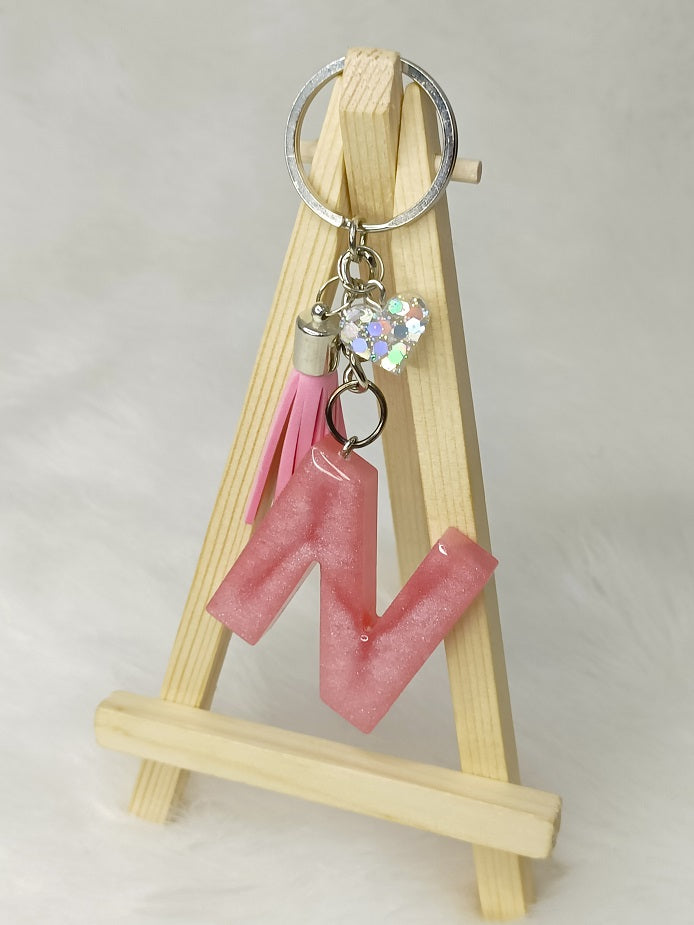 Haute Crafts Glass Shiny Pink ("N")- with small Heart & Tassel, Resin Alphabet Initial Letter Keychain Key Ring for Women Girls Purse Handbags, Bike, Car Keyring ("N"