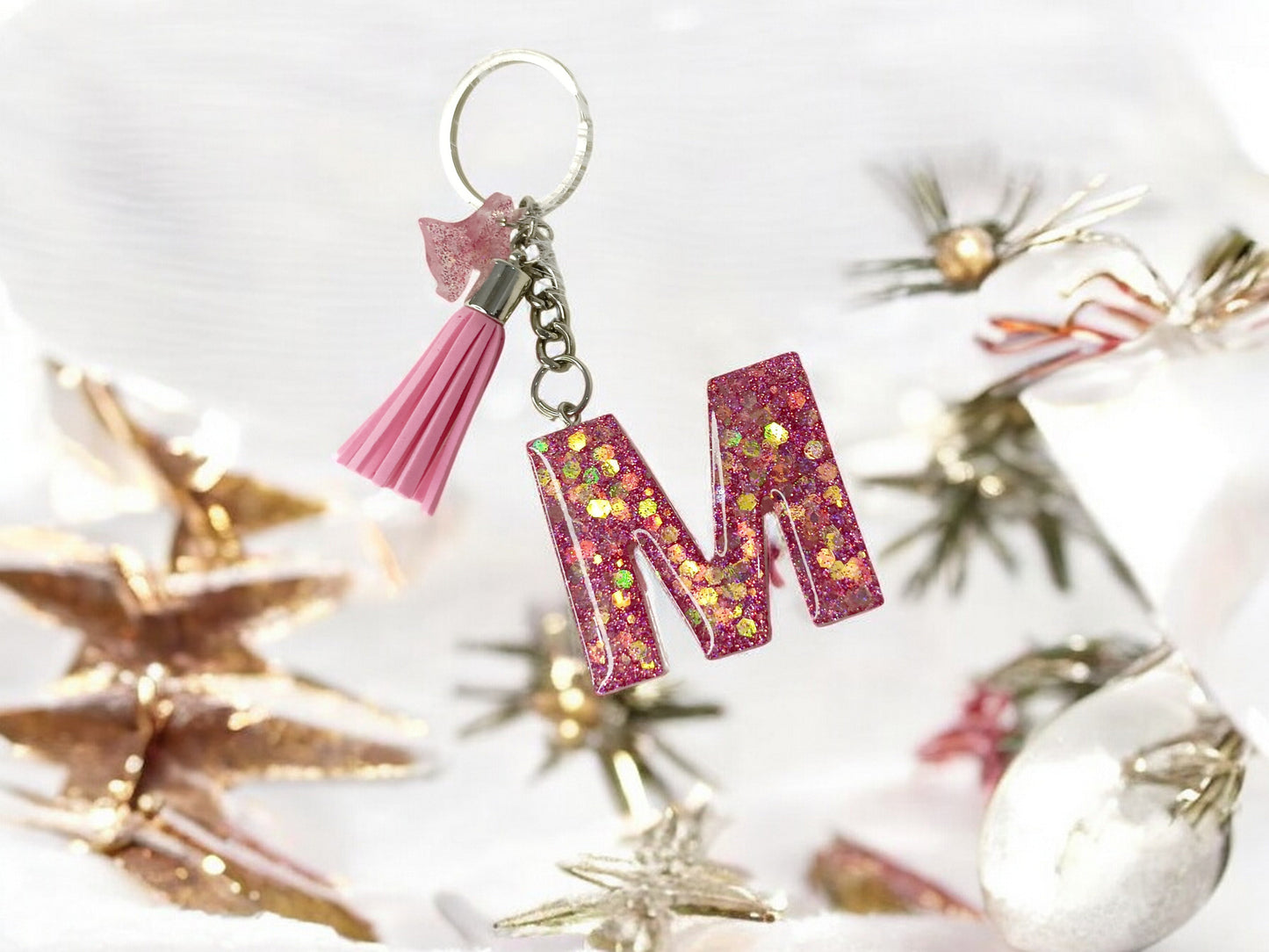 Haute Crafts Giltery Shiny Pink ("M")- with small Butterfly& Tassel, Resin Alphabet Initial Letter Keychain Key Ring for Women Girls Purse Handbags, Bike, Car Keyring ("M")