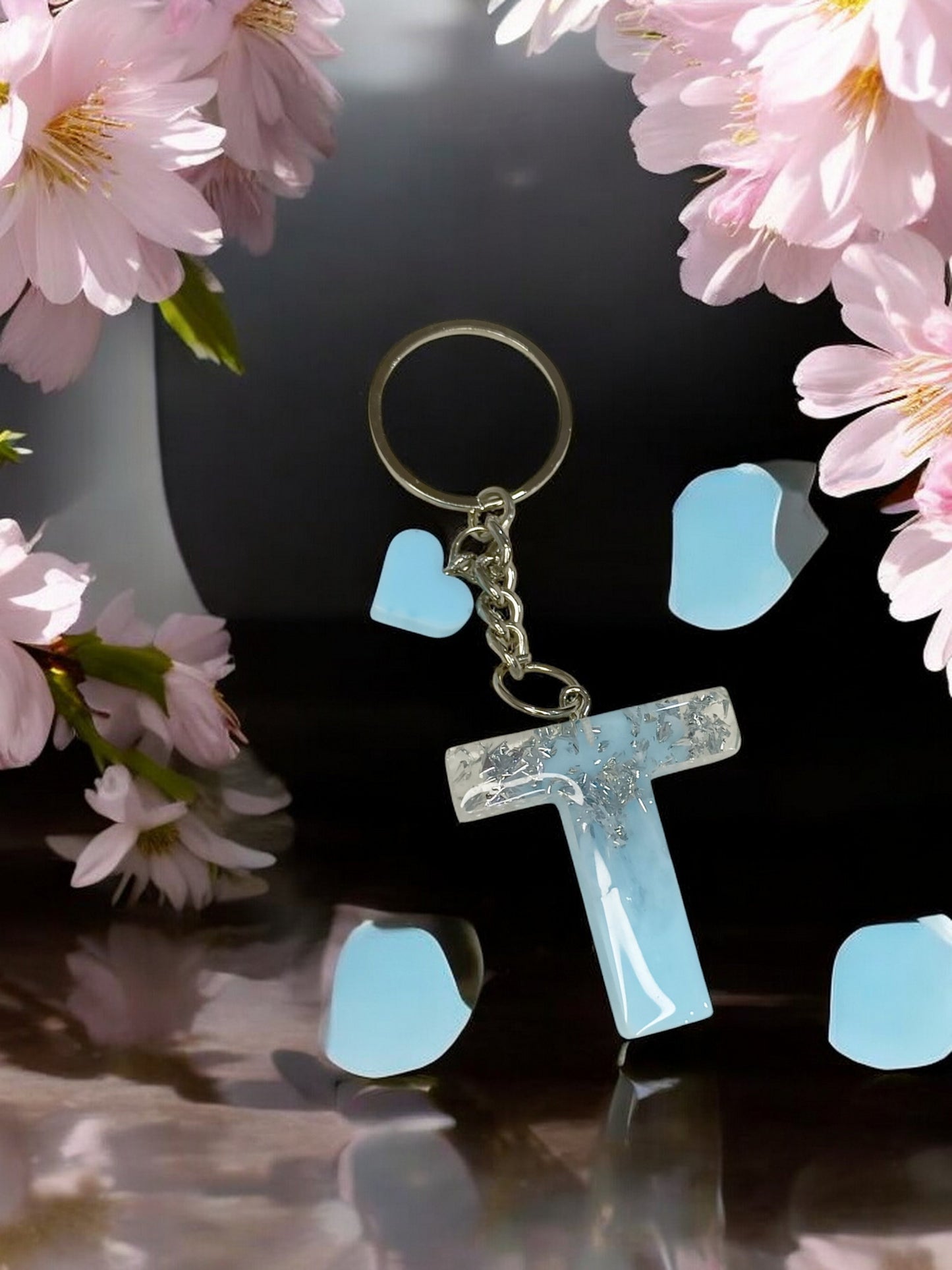 Haute Crafts Shiny Silver & Sky Blue ("T")- with small Heart, Resin Alphabet Initial Letter Keychain Key Ring for Women Girls Purse Handbags, Bike, Car Keyring ("T")