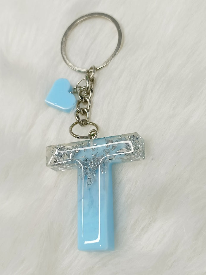Haute Crafts Shiny Silver & Sky Blue ("T")- with small Heart, Resin Alphabet Initial Letter Keychain Key Ring for Women Girls Purse Handbags, Bike, Car Keyring ("T")