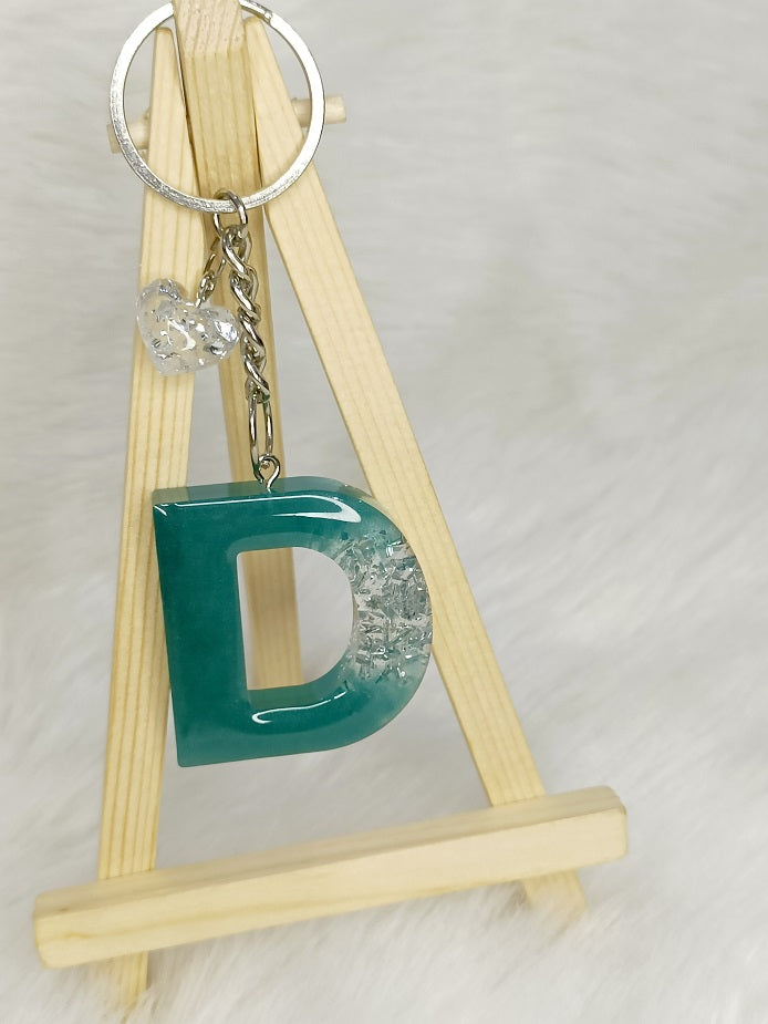 Haute Crafts Shiny Silver & Peacock ("D")- with Small Heart, Resin Alphabet Initial Letter Keychain Key Ring for Women Girls Purse Handbags, Bike, Car Keyring ("D")