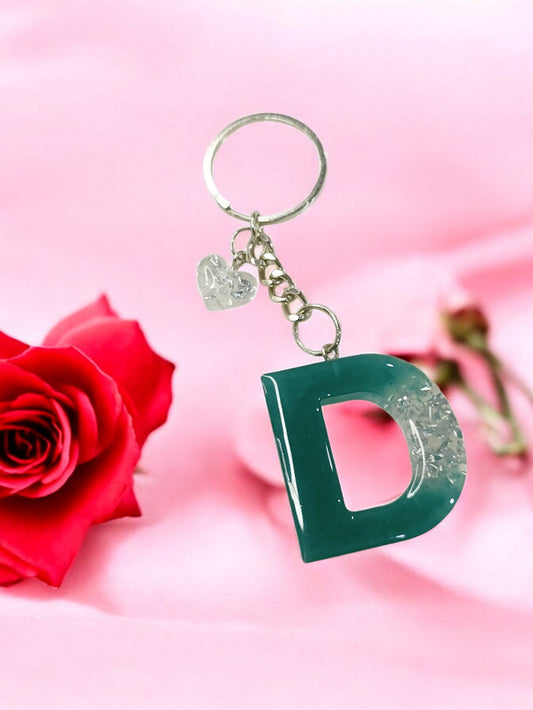 Haute Crafts Shiny Silver & Peacock ("D")- with Small Heart, Resin Alphabet Initial Letter Keychain Key Ring for Women Girls Purse Handbags, Bike, Car Keyring ("D")