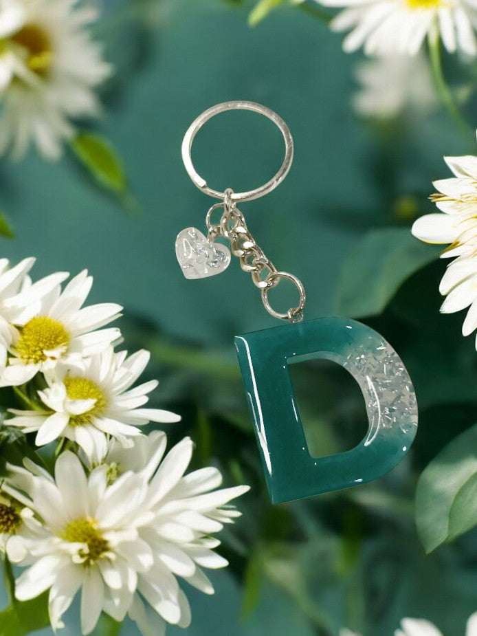 Haute Crafts Shiny Silver & Peacock ("D")- with Small Heart, Resin Alphabet Initial Letter Keychain Key Ring for Women Girls Purse Handbags, Bike, Car Keyring ("D")