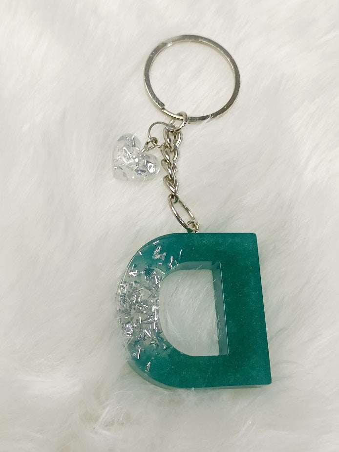 Haute Crafts Shiny Silver & Peacock ("D")- with Small Heart, Resin Alphabet Initial Letter Keychain Key Ring for Women Girls Purse Handbags, Bike, Car Keyring ("D")