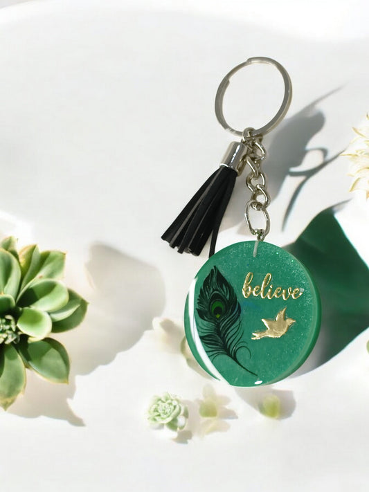 Haute Crafts "Believe " Theme Keychain - Resin Alphabet Initial Letter Keychain Key Ring for Women Girls Purse Handbags, Bike, Car Keyring.Home, Small Gifts