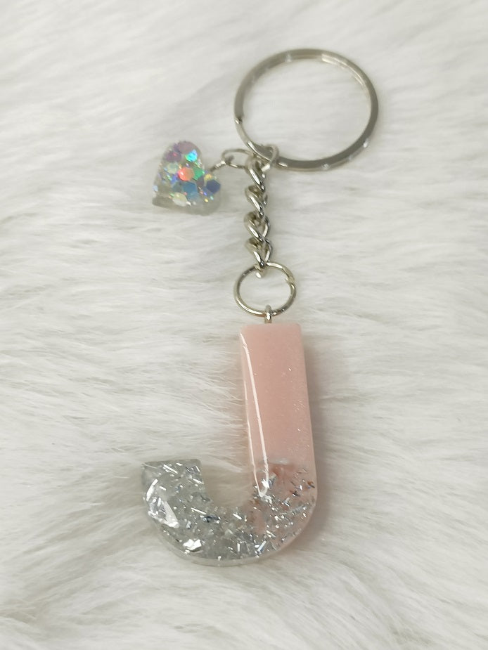 Haute Crafts Baby Pink & Sliver ("J")- with Small Heart, Resin Alphabet Initial Letter Keychain Key Ring for Women Girls Purse Handbags, Bike, Car Keyring ("J")