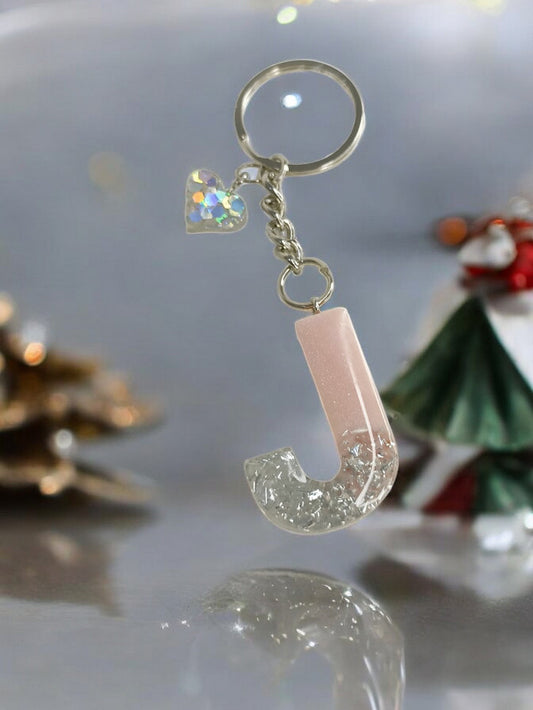 Haute Crafts Baby Pink & Sliver ("J")- with Small Heart, Resin Alphabet Initial Letter Keychain Key Ring for Women Girls Purse Handbags, Bike, Car Keyring ("J")