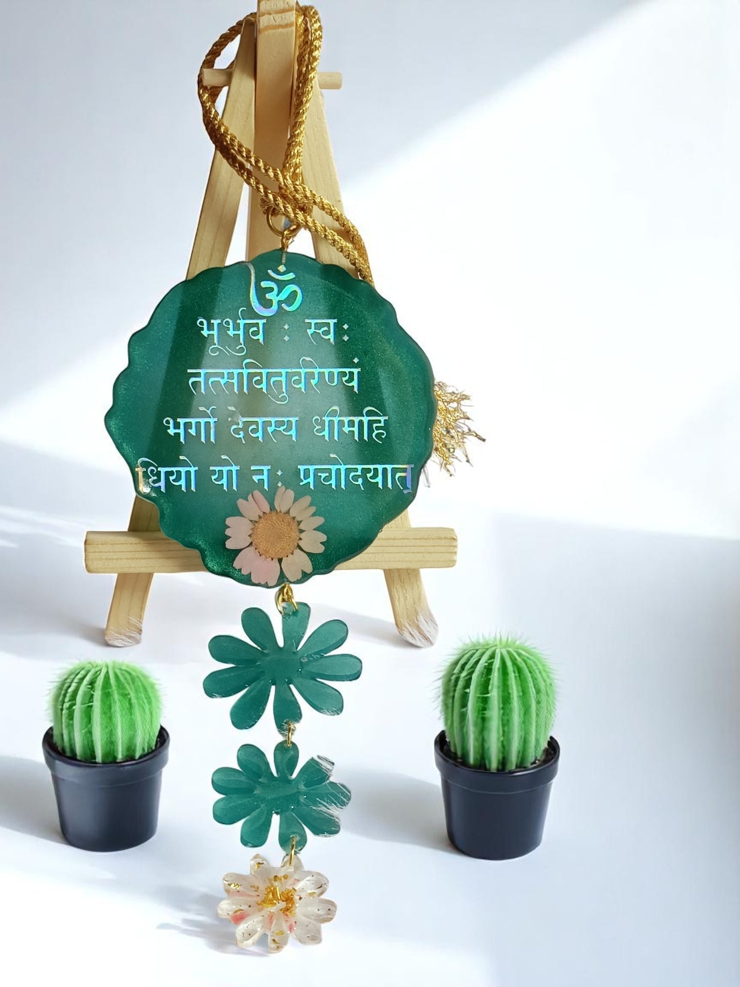 Resin 3D Gayatri Mantra Car Hanging for Positivity (Can be Used as Home Decor, satsang Gifting, Wall Hangings, Meditation Room, Yoga Temple, Wind Chime) 1p