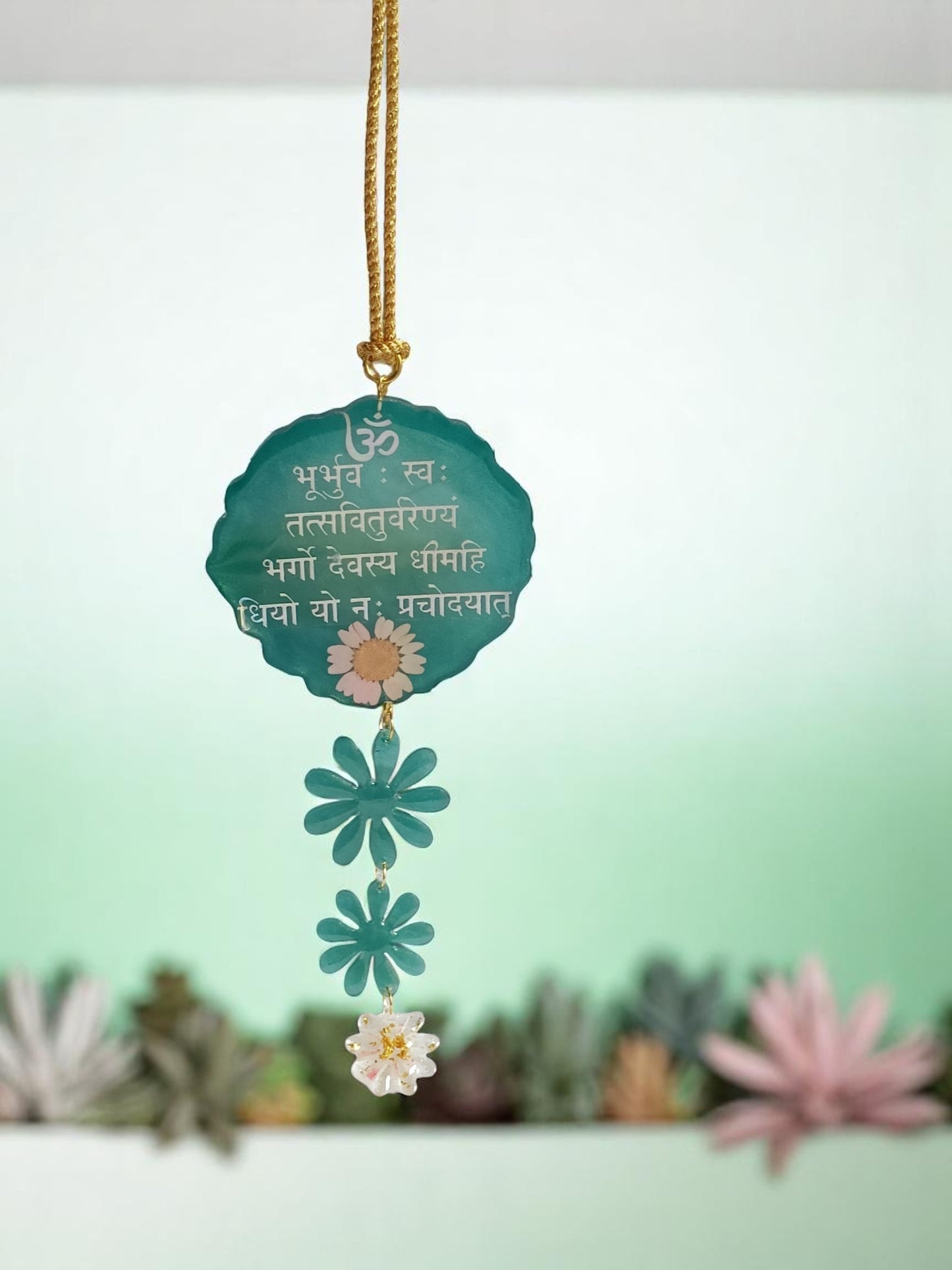Resin 3D Gayatri Mantra Car Hanging for Positivity (Can be Used as Home Decor, satsang Gifting, Wall Hangings, Meditation Room, Yoga Temple, Wind Chime) 1p