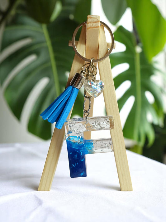 Haute Crafts Shiny Silver & Blue ("F") with Small Heart and Tassel Resin Alphabet Initial Letter Keychain Key Ring for Women Girls Purse Handbags, Bike, Car Keyring ("F")