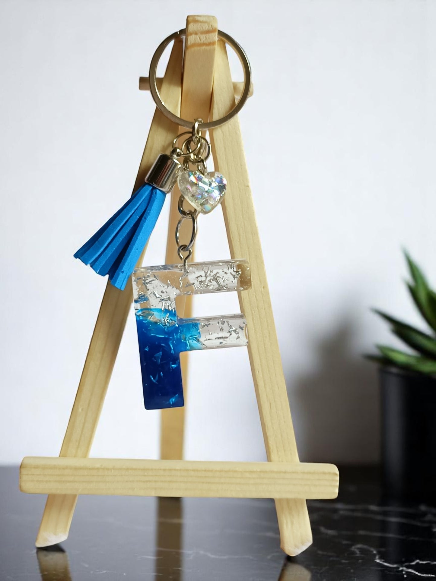 Haute Crafts Shiny Silver & Blue ("F") with Small Heart and Tassel Resin Alphabet Initial Letter Keychain Key Ring for Women Girls Purse Handbags, Bike, Car Keyring ("F")