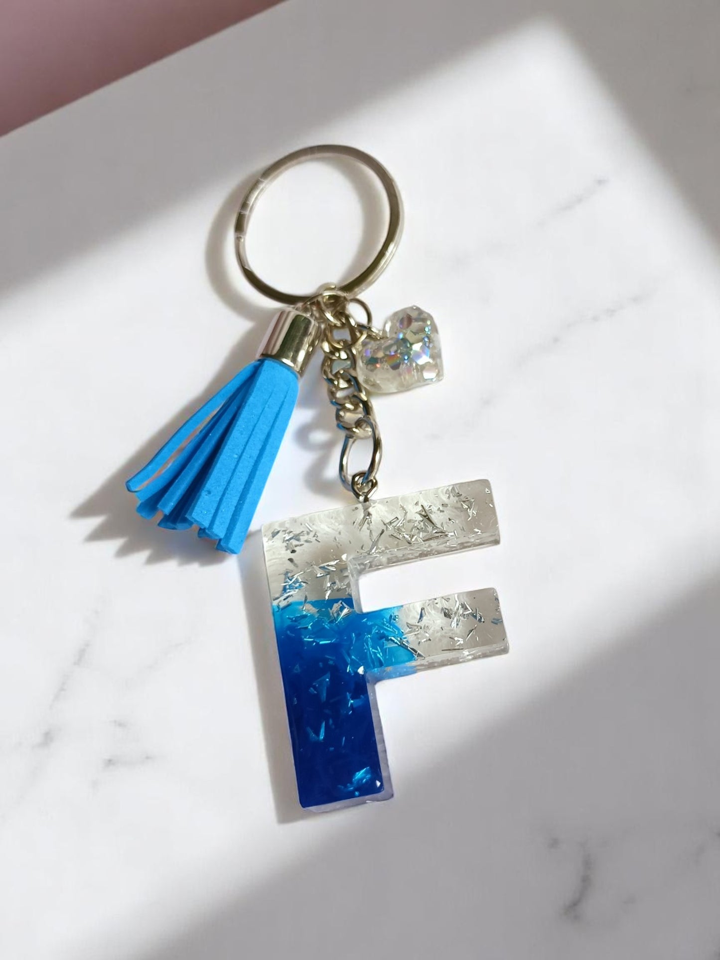 Haute Crafts Shiny Silver & Blue ("F") with Small Heart and Tassel Resin Alphabet Initial Letter Keychain Key Ring for Women Girls Purse Handbags, Bike, Car Keyring ("F")