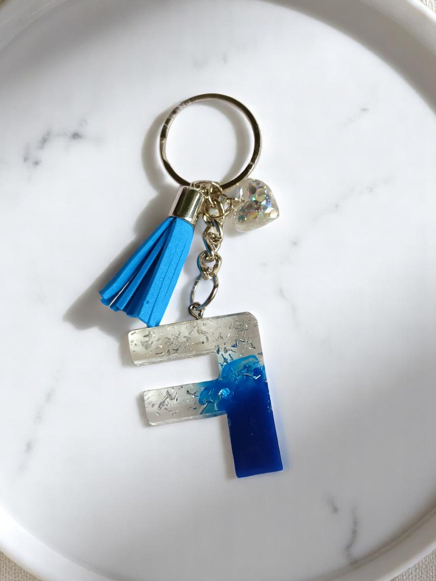 Haute Crafts Shiny Silver & Blue ("F") with Small Heart and Tassel Resin Alphabet Initial Letter Keychain Key Ring for Women Girls Purse Handbags, Bike, Car Keyring ("F")