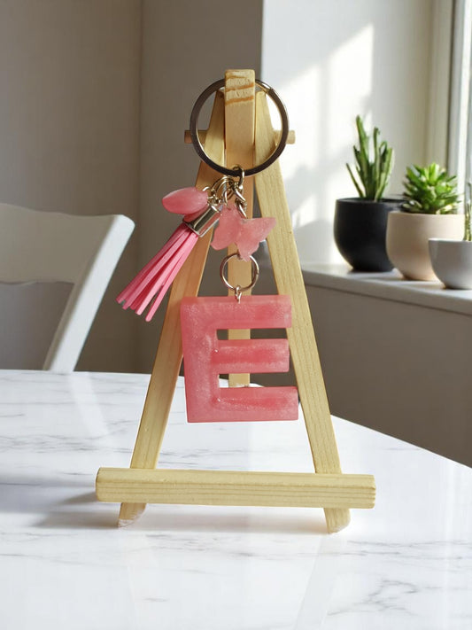 Haute Crafts Shiny Pink ("E") with Small Heart and Tassel & Butterfly Resin Alphabet Initial Letter Keychain Key Ring for Women Girls Purse Handbags, Bike, Car Keyring ("E")