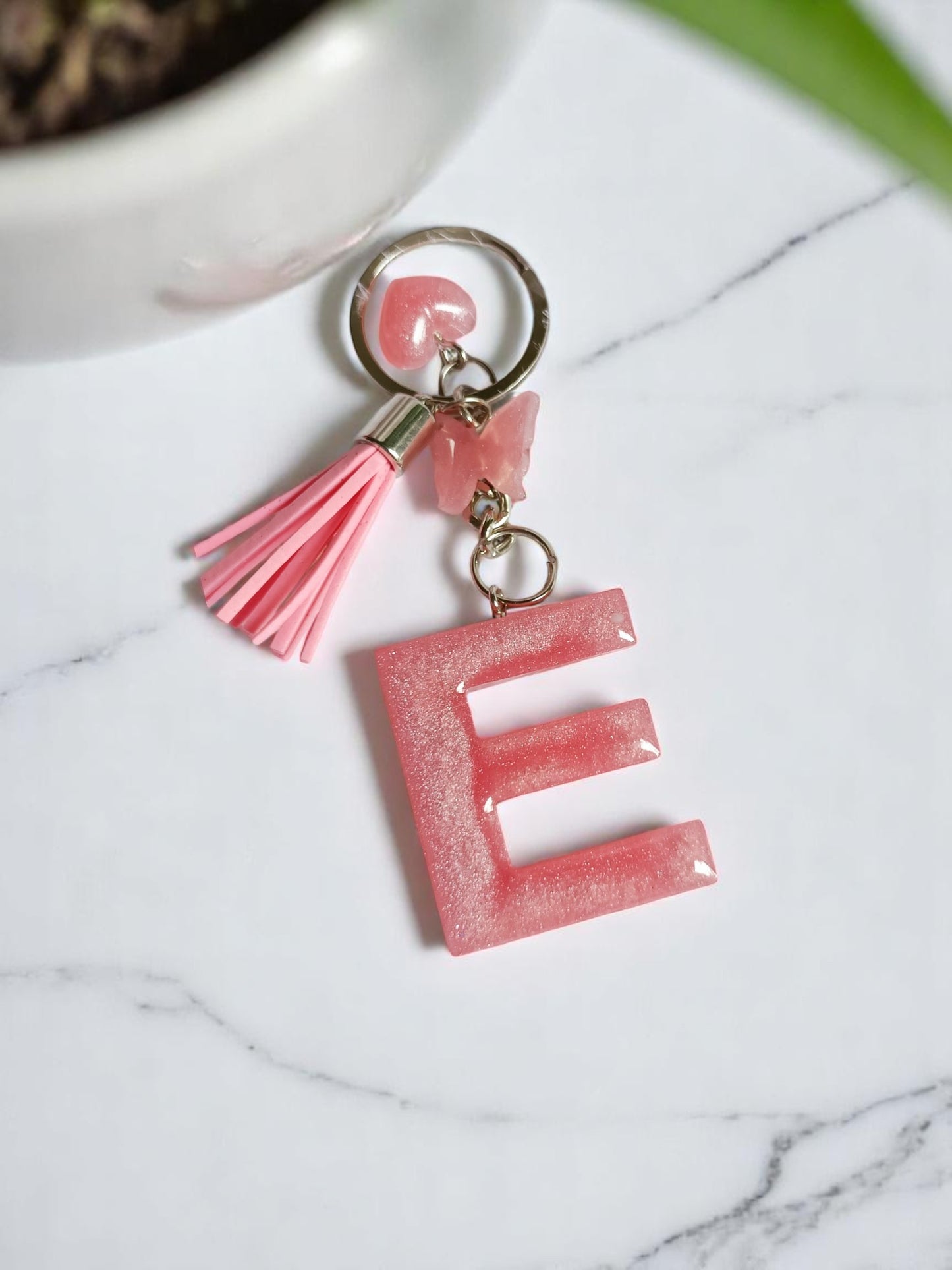 Haute Crafts Shiny Pink ("E") with Small Heart and Tassel & Butterfly Resin Alphabet Initial Letter Keychain Key Ring for Women Girls Purse Handbags, Bike, Car Keyring ("E")
