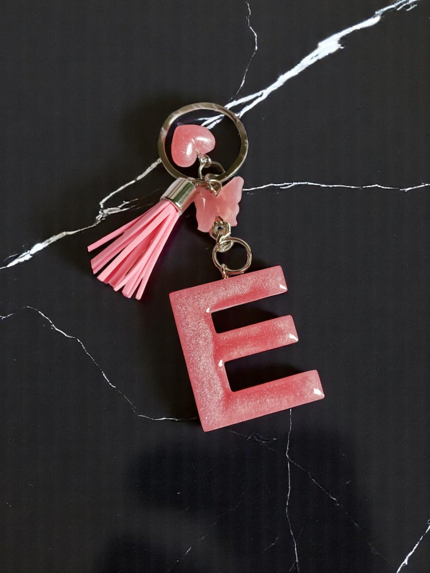Haute Crafts Shiny Pink ("E") with Small Heart and Tassel & Butterfly Resin Alphabet Initial Letter Keychain Key Ring for Women Girls Purse Handbags, Bike, Car Keyring ("E")