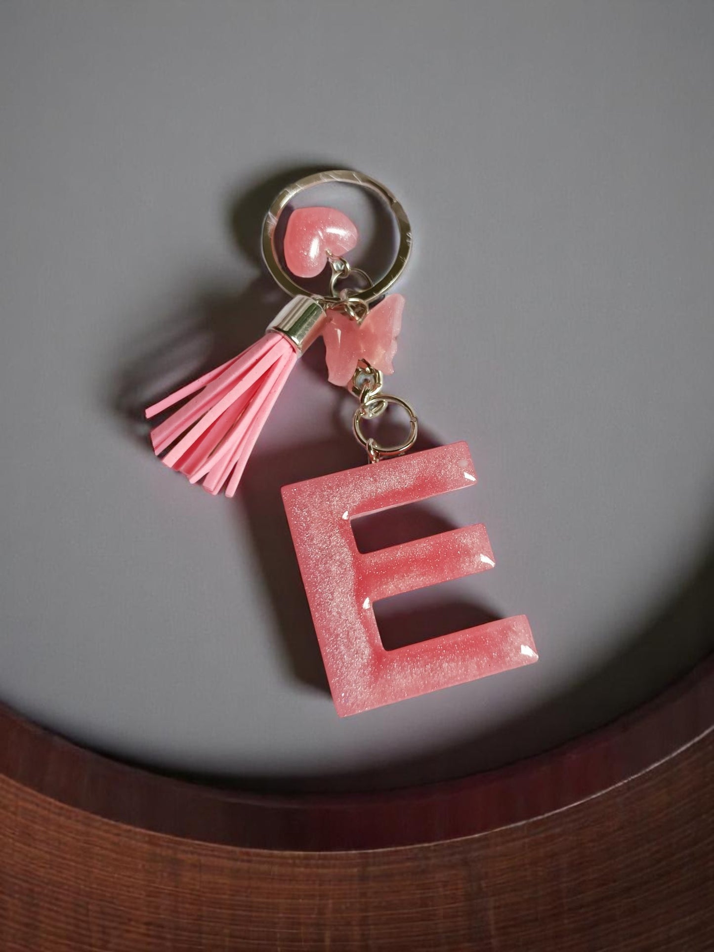 Haute Crafts Shiny Pink ("E") with Small Heart and Tassel & Butterfly Resin Alphabet Initial Letter Keychain Key Ring for Women Girls Purse Handbags, Bike, Car Keyring ("E")