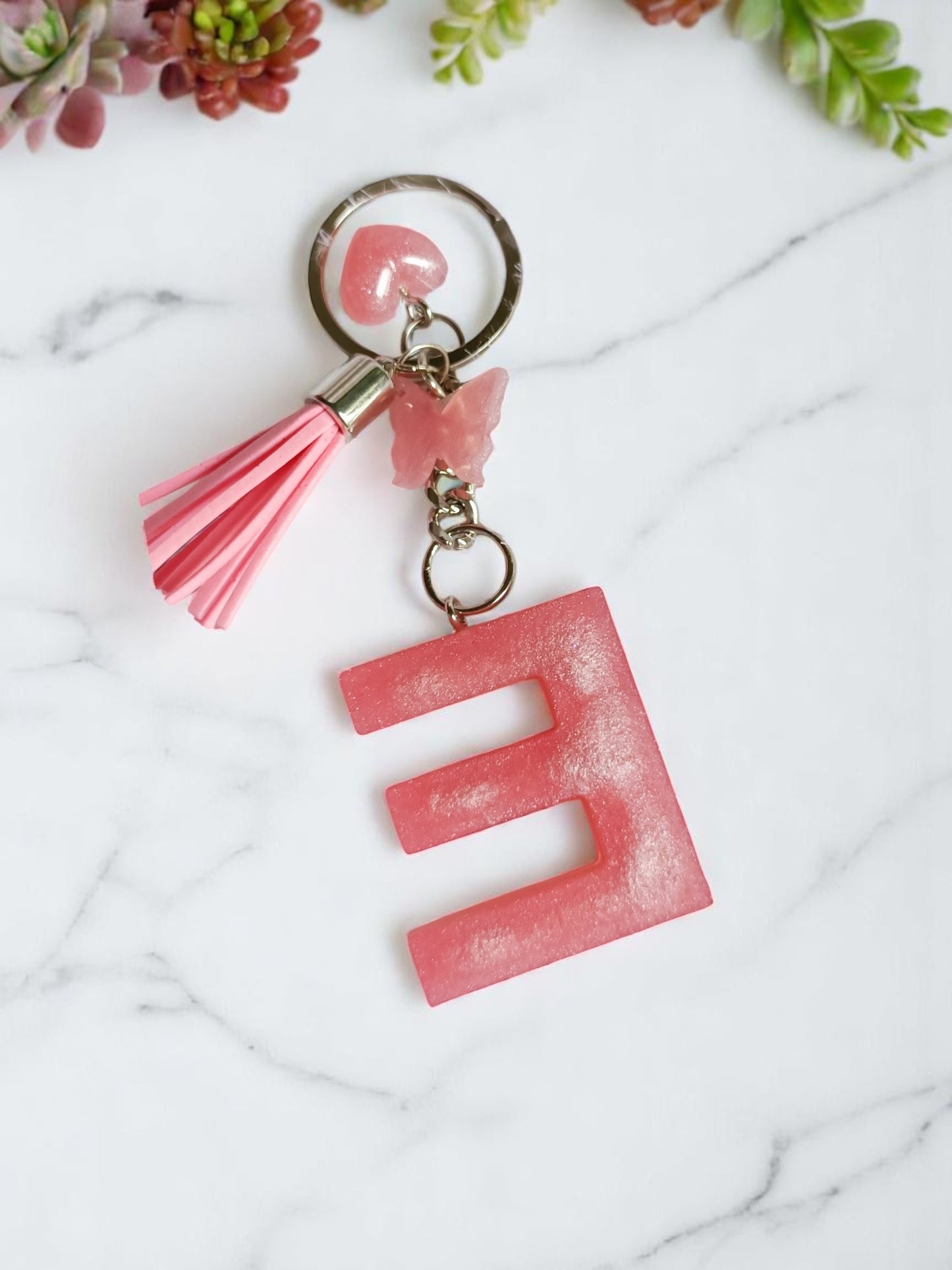Haute Crafts Shiny Pink ("E") with Small Heart and Tassel & Butterfly Resin Alphabet Initial Letter Keychain Key Ring for Women Girls Purse Handbags, Bike, Car Keyring ("E")