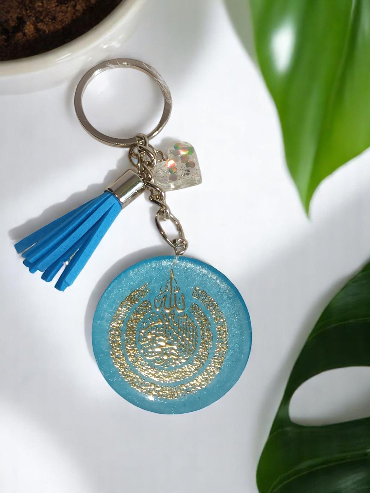 Haute Crafts " Ayatul Kursi " with Heart & Tassel Resin Alphabet Initial Letter Keychain Key Ring for Women Girls Purse Handbags, Bike, Car Keyring.
