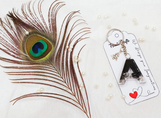 Haute Crafts Black & Silver ("A")- with small Tree , Resin Alphabet Initial Letter Keychain Key Ring for Women Girls Purse Handbags, Bike, Car Keyring ("A")