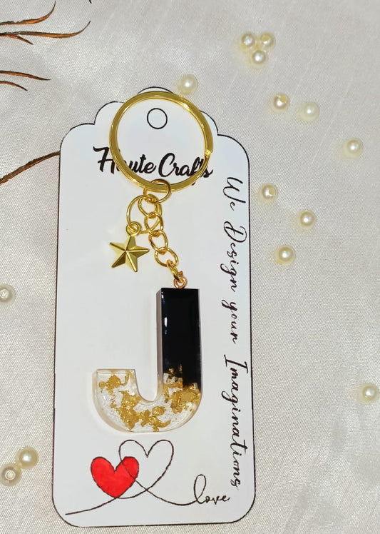 Haute Crafts Black & Golden ("J")- with Golden Star, Resin Alphabet Initial Letter Keychain Key Ring for Women Girls Purse Handbags, Bike, Car Keyring ("J")