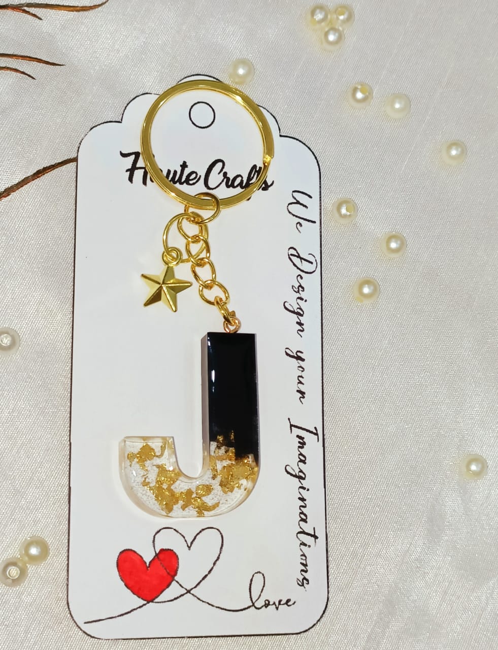 Haute Crafts Black & Golden ("J")- with Golden Star, Resin Alphabet Initial Letter Keychain Key Ring for Women Girls Purse Handbags, Bike, Car Keyring ("J")