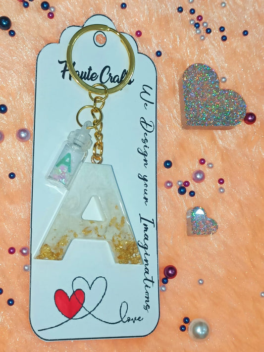 Haute Crafts White With Golden ("A")- with Glass Bottle, Resin Alphabet Initial Letter Keychain Key Ring for Women Girls Purse Handbags, Bike, Car Keyring ("A")